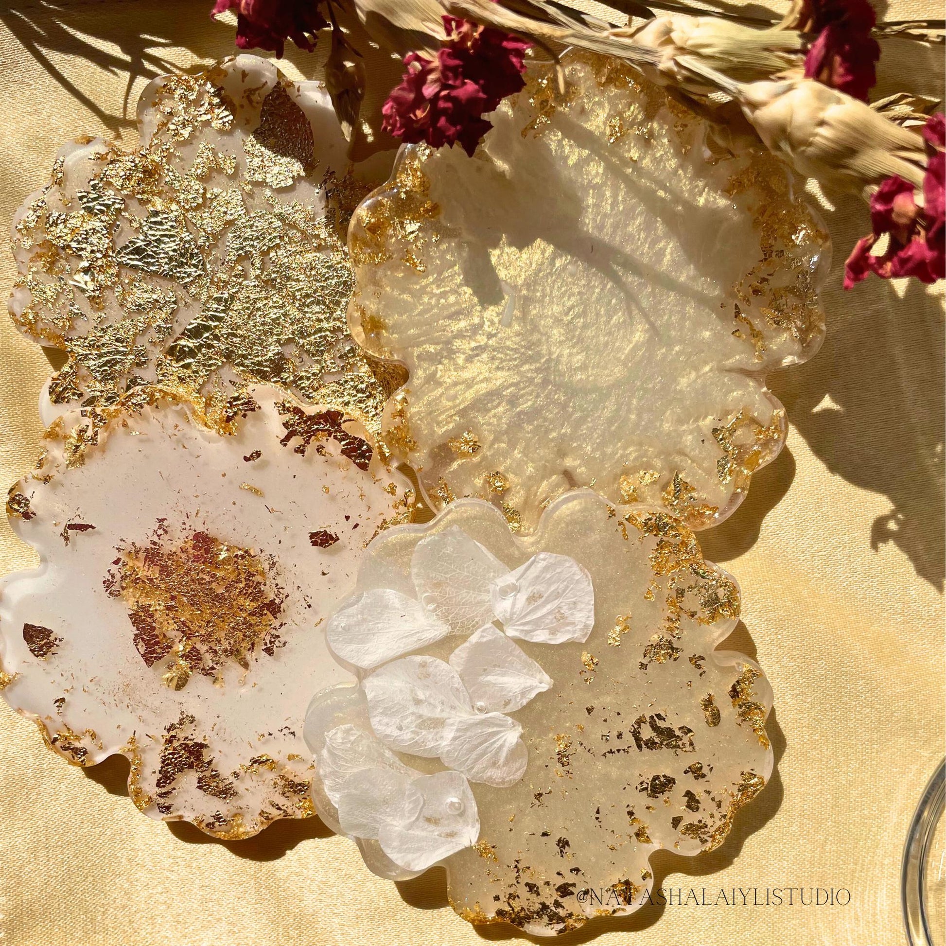 White Flower Petal Resin Coaster Set