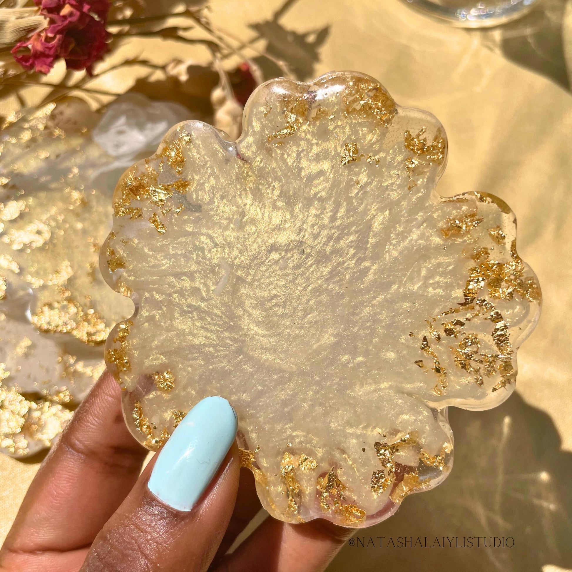 White Flower Petal Resin Coaster Set