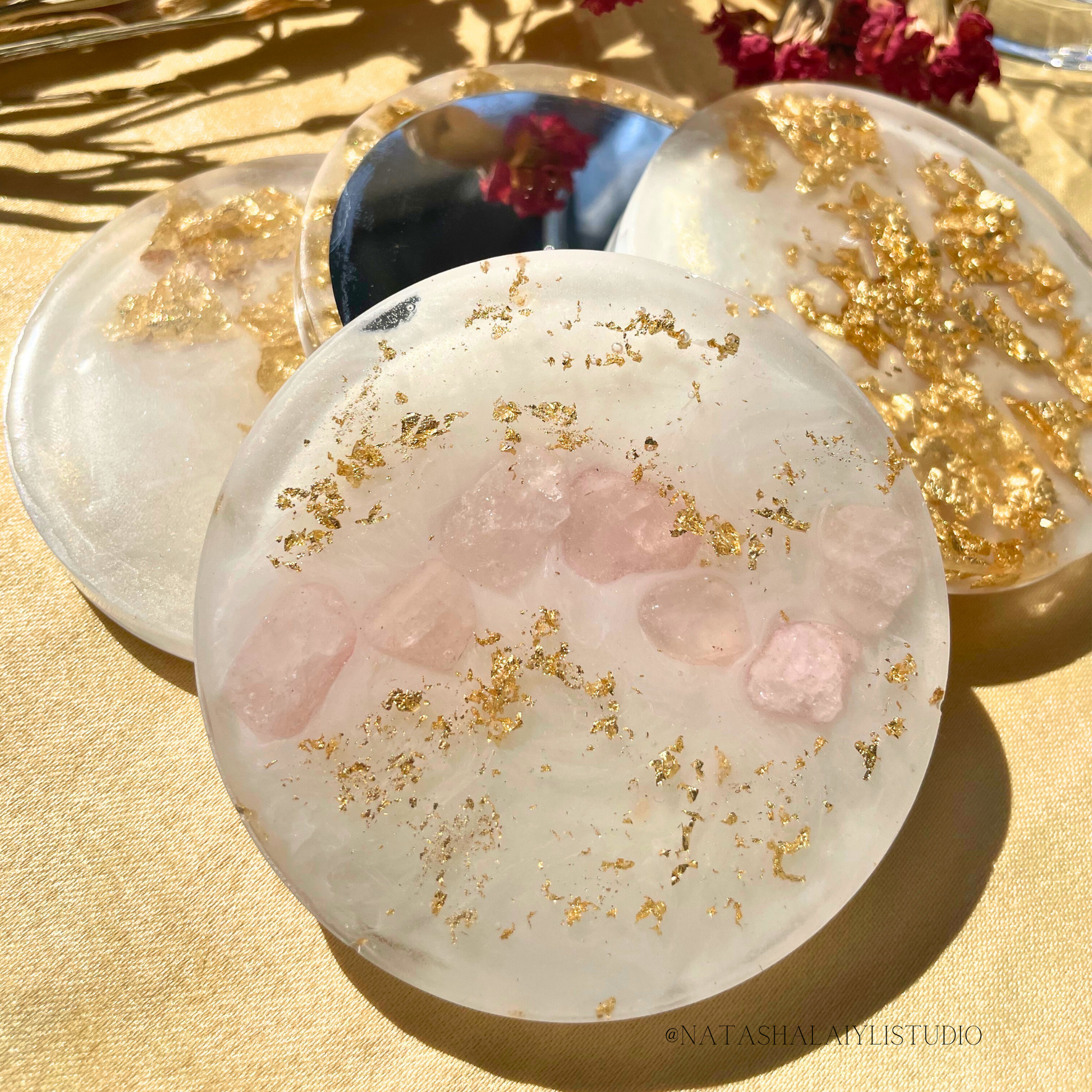 Zodiac Rose Quartz Crystal Resin Coaster Set