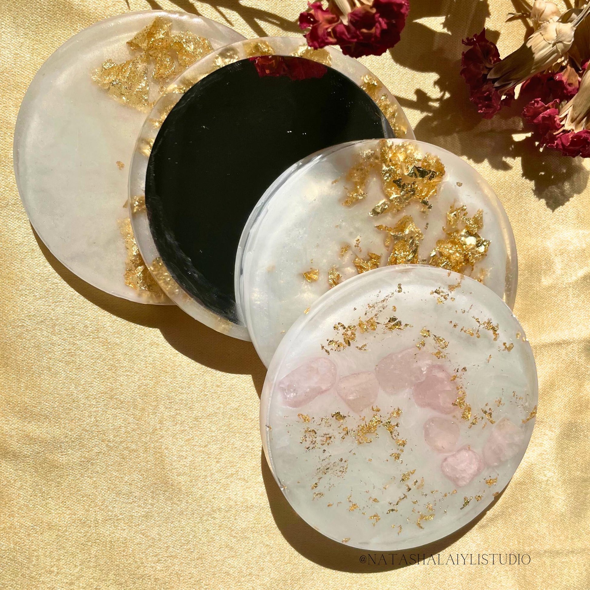 Zodiac Rose Quartz Crystal Resin Coaster Set