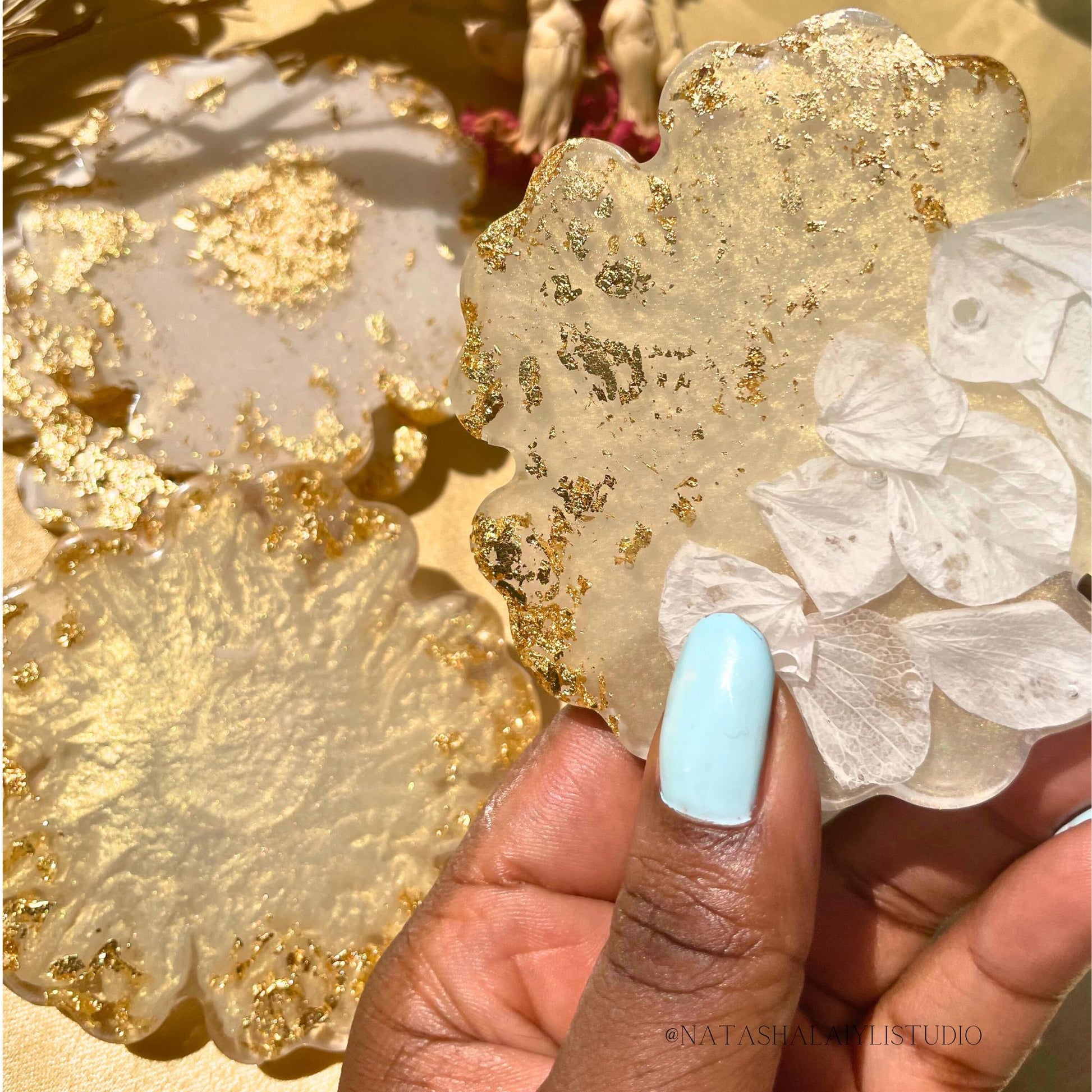 White Flower Petal Resin Coaster Set