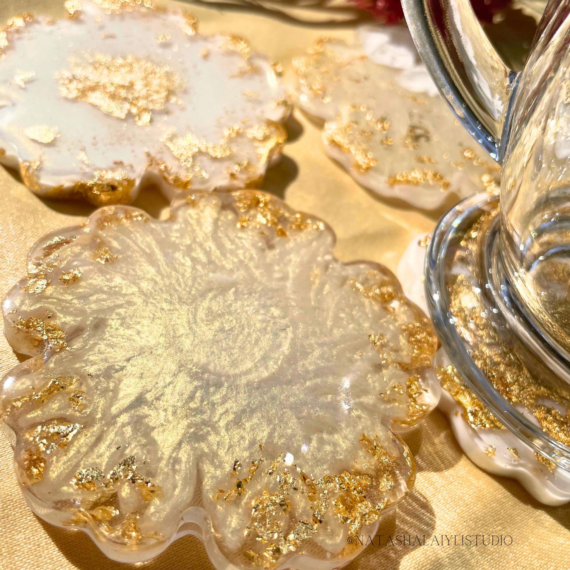 White Flower Petal Resin Coaster Set