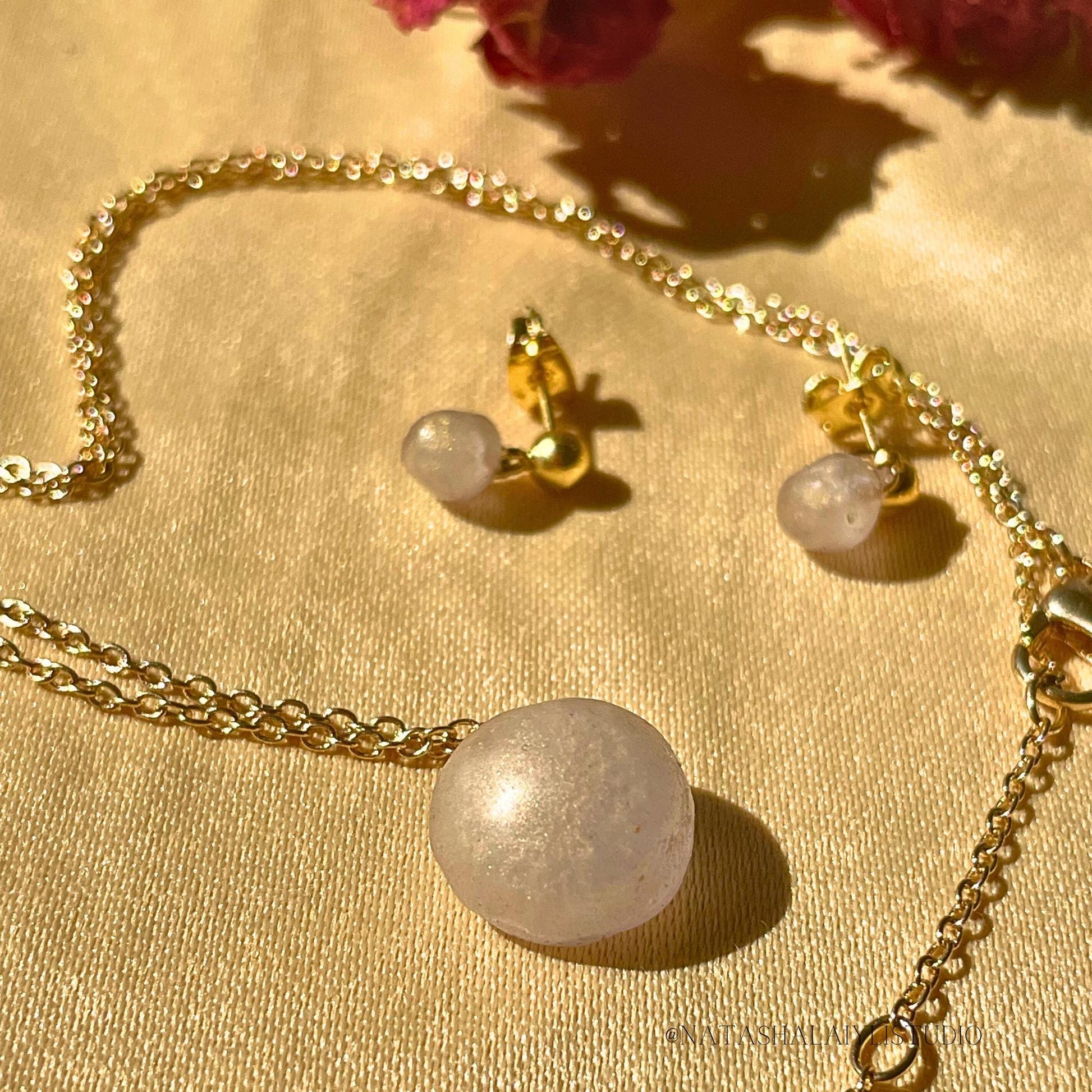 Frosted White Pendant & Stud Earrings